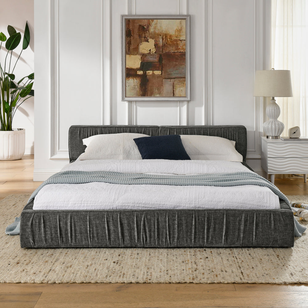 Queen Size Upholstered Bed Frame with Chenille fabric with pleated design,Grounded Queen Size Platform Bed with Headboard and Solid Frame. No Box Spring Needed-Grey(88"*67"*23.5")
