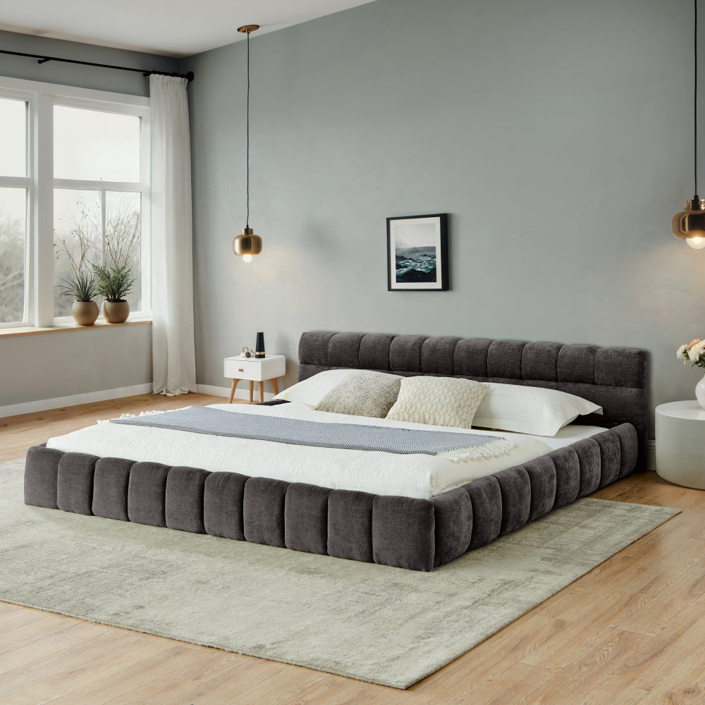 California King size Upholstered Bed Frame with Thick Fabric, Chenille Fabric Grounded Queen Size Platform Bed with Headboard and Solid Frame. No Box Spring Needed-Dark Gray(90.5''*80.5''*31'')
