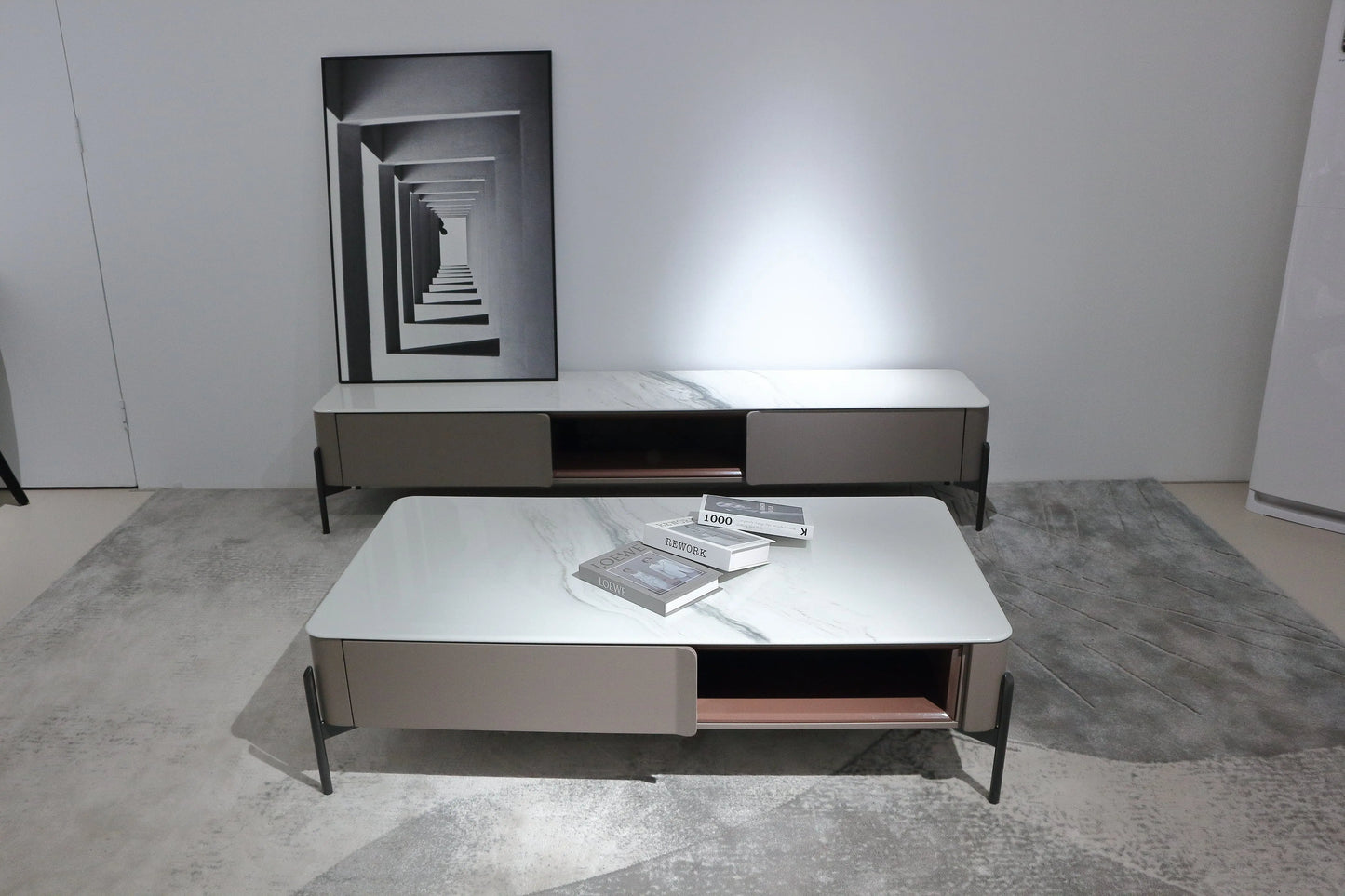 Modern Beige Minimalist TV Stand and Coffee Table with Storage Set Marsiling Furniture