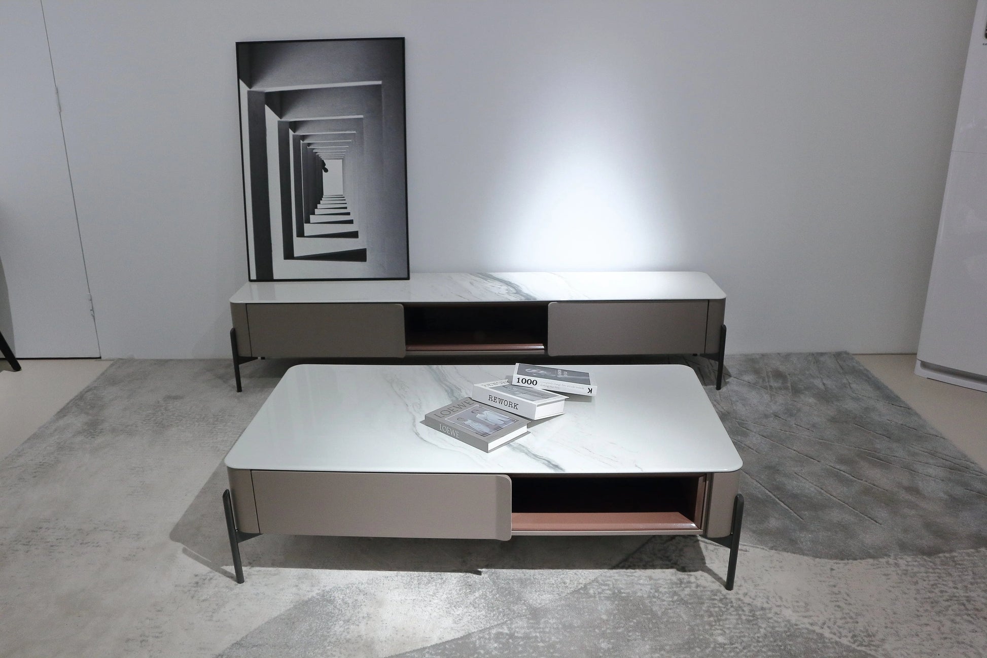 Modern Beige Minimalist TV Stand and Coffee Table with Storage Set Marsiling Furniture