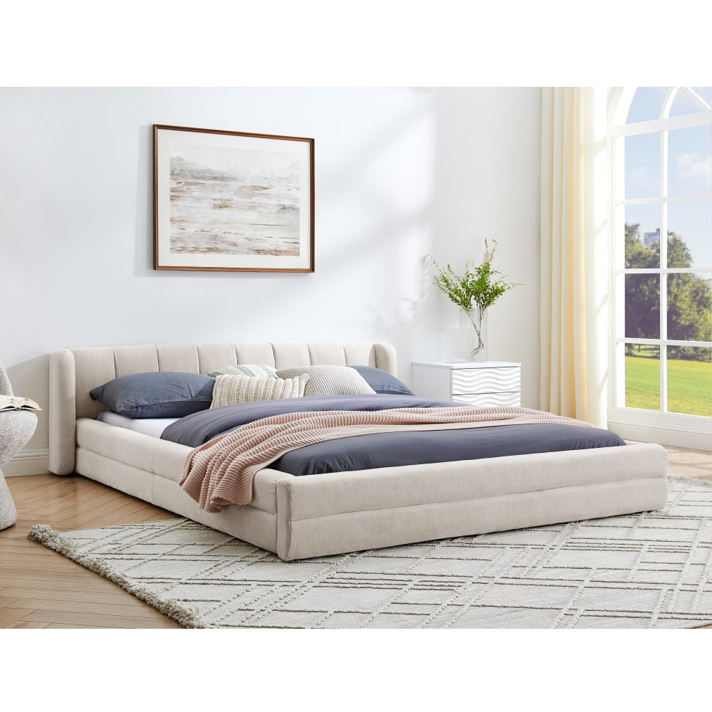 Queen Size Upholstered Bed Frame with Thick Fabric, Chenille Fabric Grounded Queen Size Platform Bed with Headboard and Solid Frame-Beige(87''*67''*23.5'')