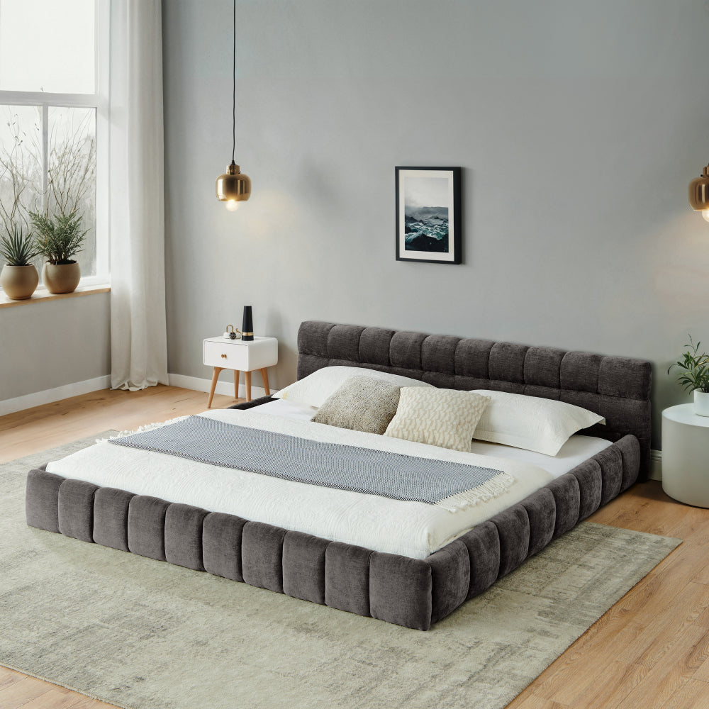 California King size Upholstered Bed Frame with Thick Fabric, Chenille Fabric Grounded Queen Size Platform Bed with Headboard and Solid Frame. No Box Spring Needed-Dark Gray(90.5''*80.5''*31'')