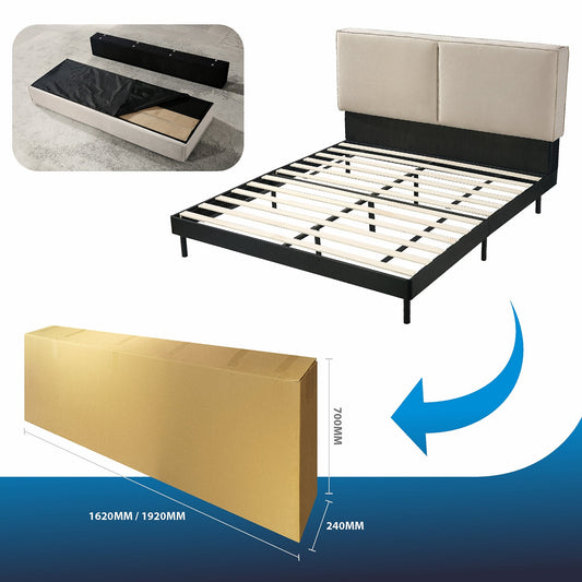 Beige Fabric Bed Frame Wooden Slats Easy Assembly Unique Design One Box