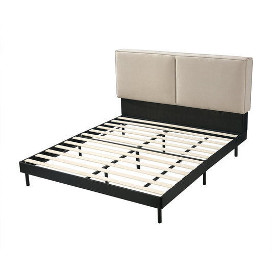 Beige Fabric Bed Frame Wooden Slats Easy Assembly Unique Design One Box