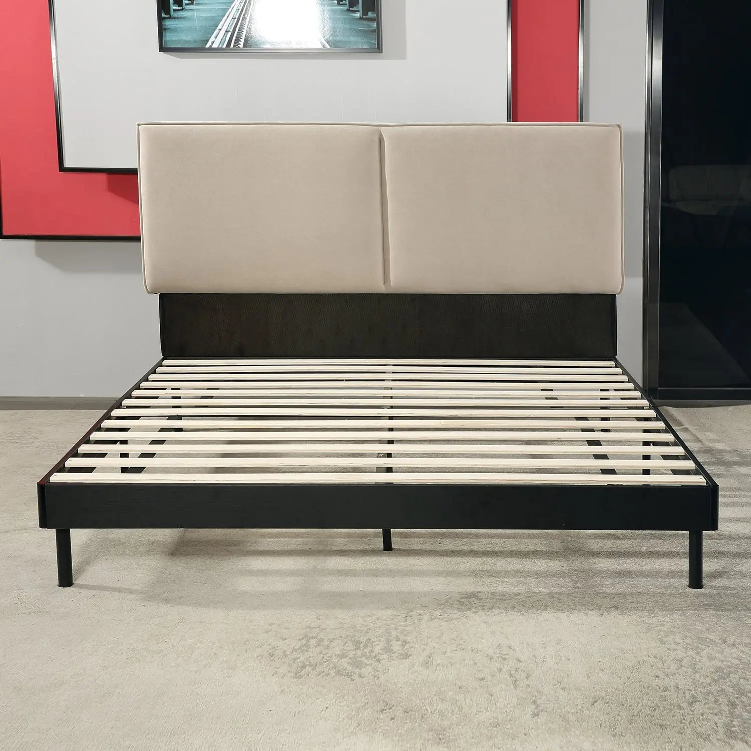 Beige Fabric Bed Frame Wooden Slats Easy Assembly Unique Design One Box Marsiling