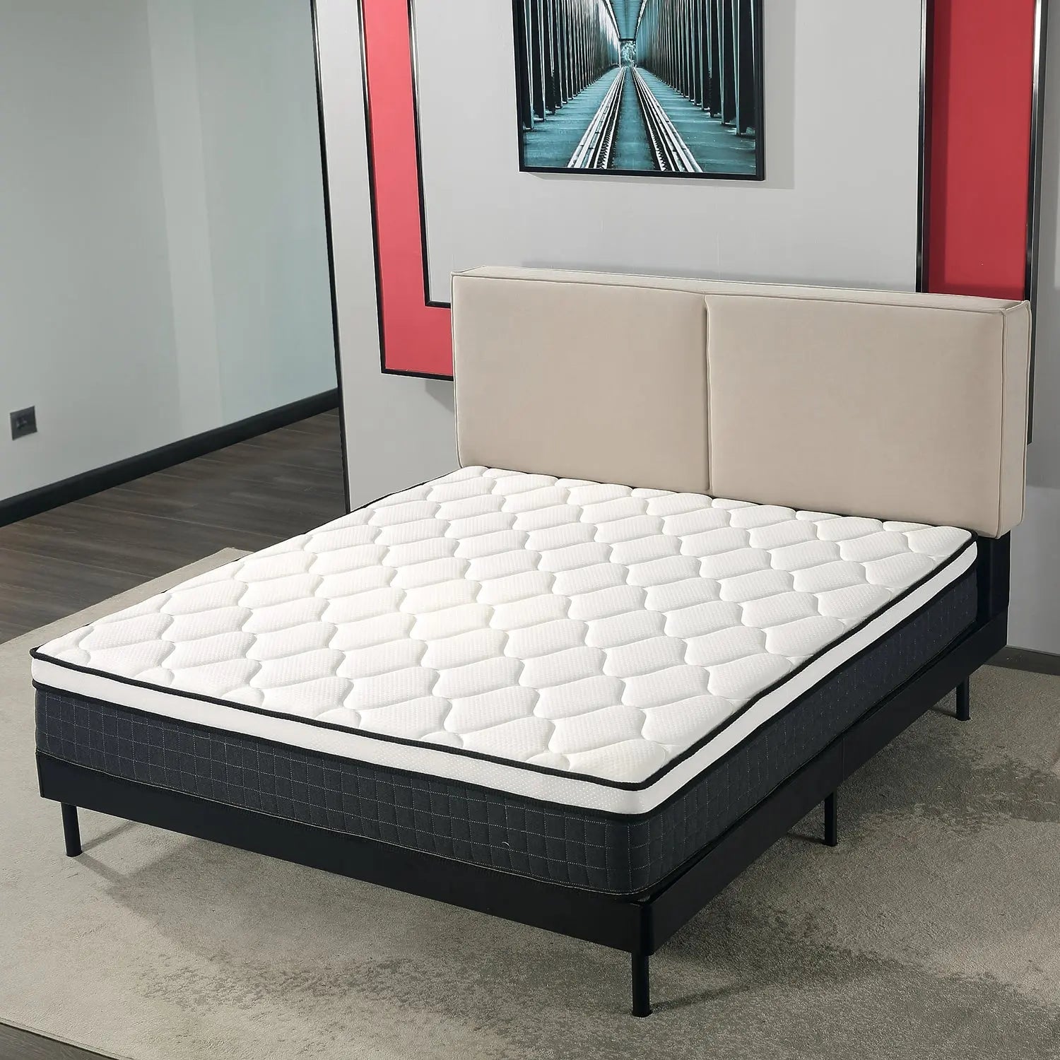 Beige Fabric Bed Frame Wooden Slats Easy Assembly Unique Design One Box Marsiling