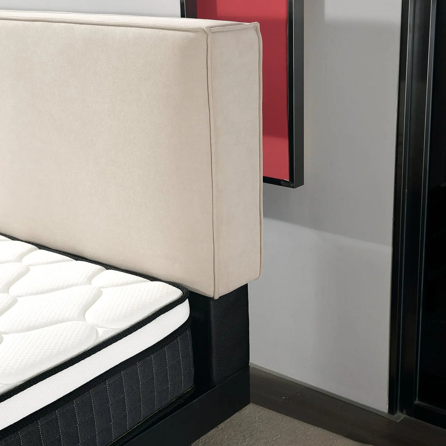 Beige Fabric Bed Frame Wooden Slats Easy Assembly Unique Design One Box Marsiling