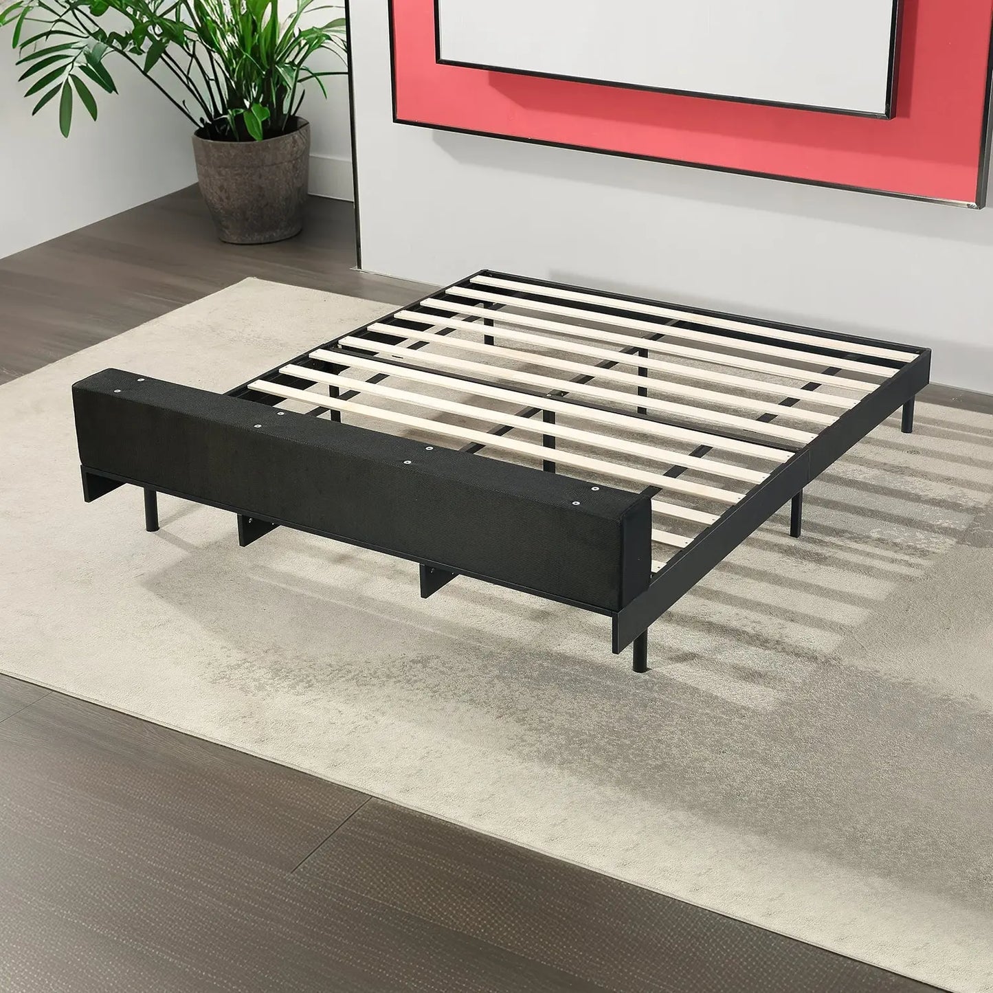 Beige Fabric Bed Frame Wooden Slats Easy Assembly Unique Design One Box Marsiling