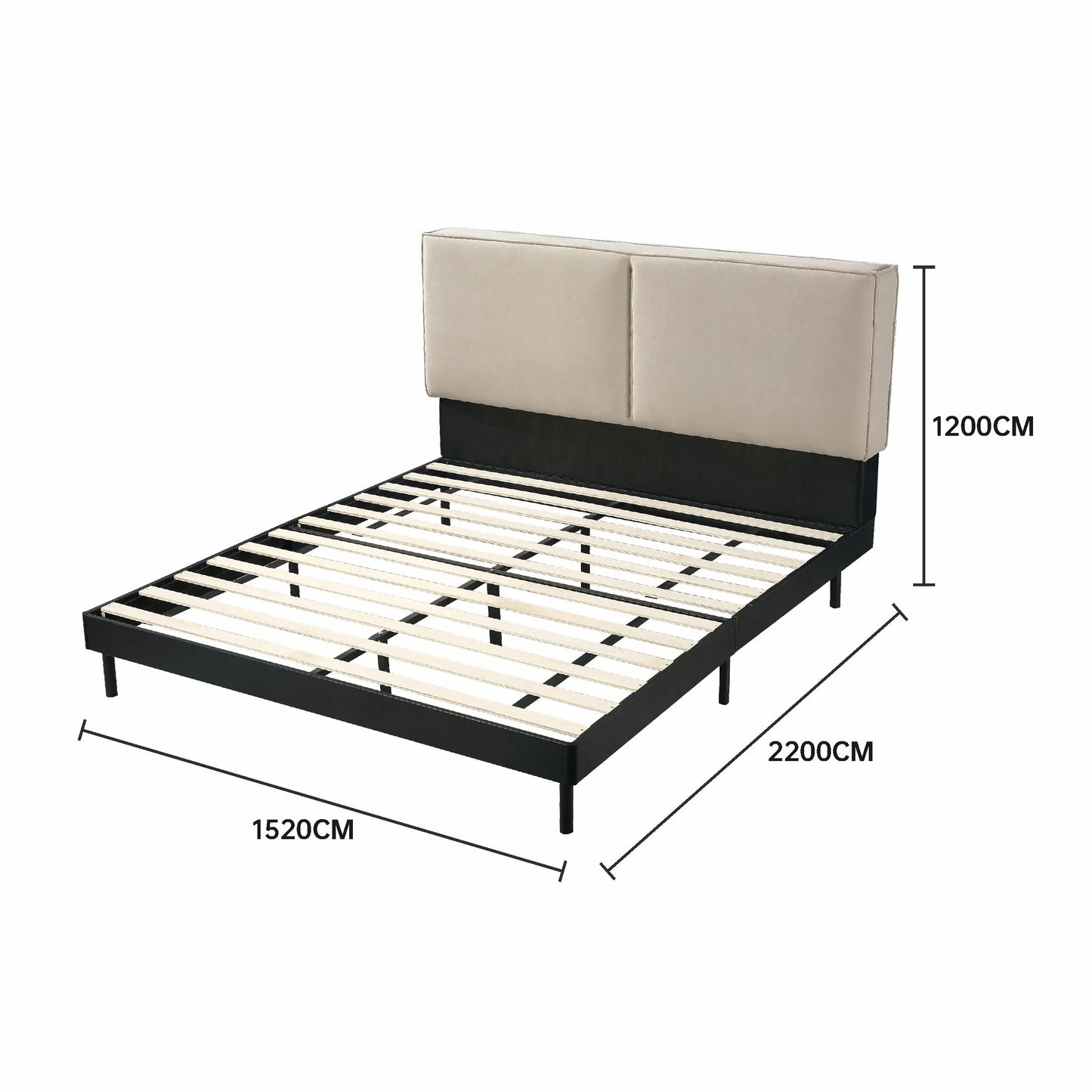 Beige Fabric Bed Frame Wooden Slats Easy Assembly Unique Design One Box Marsiling