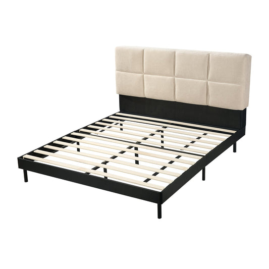 Cosy Box-Stitched Bed Frame Upholstered Headboard Wood Slats Queen/King
