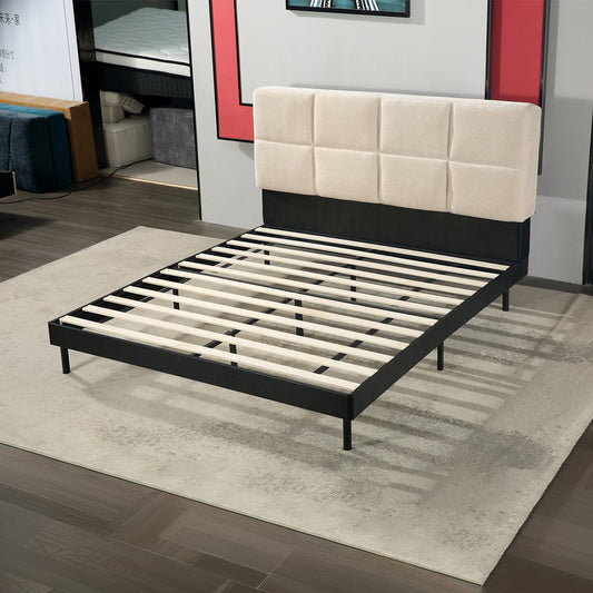 Cosy Box-Stitched Bed Frame Upholstered Headboard Wood Slats Queen/King