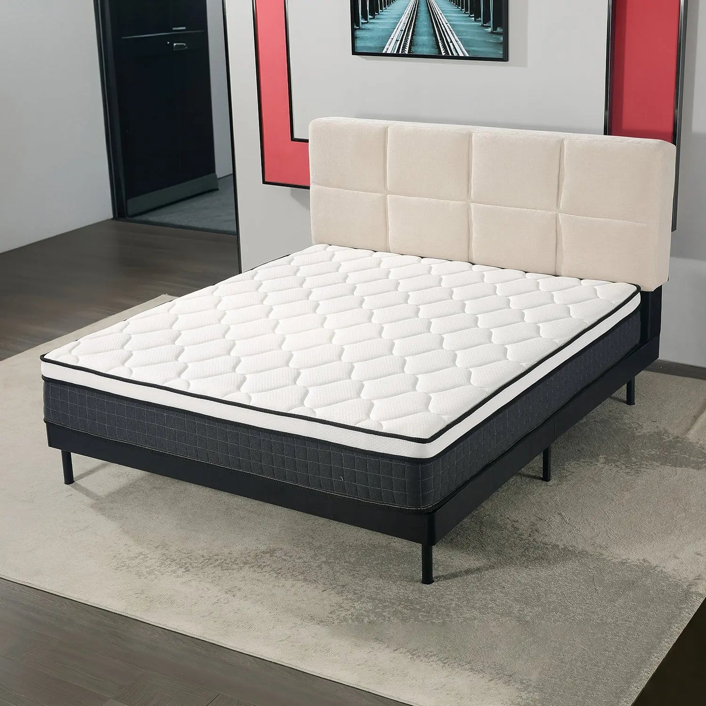 Cosy Box-Stitched Bed Frame Upholstered Headboard Wood Slats Queen/King Marsiling