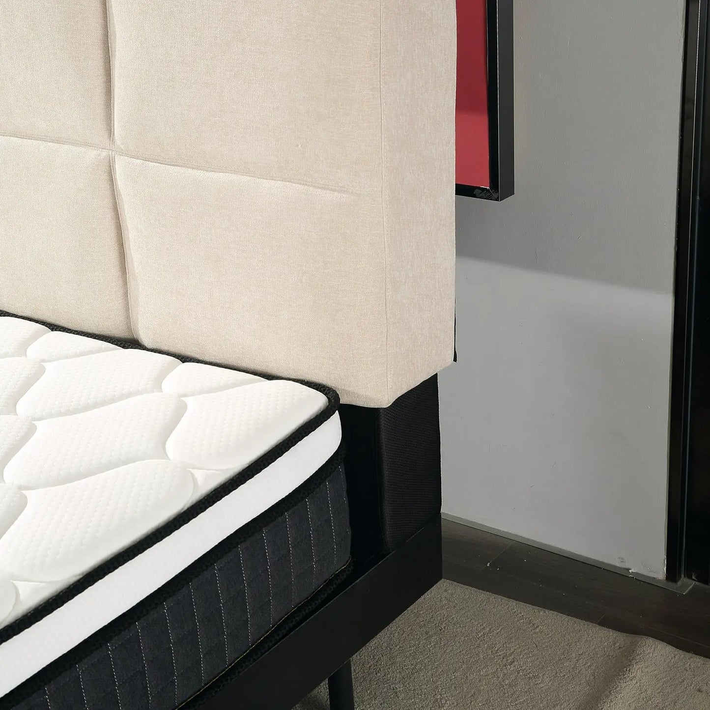 Cosy Box-Stitched Bed Frame Upholstered Headboard Wood Slats Queen/King Marsiling