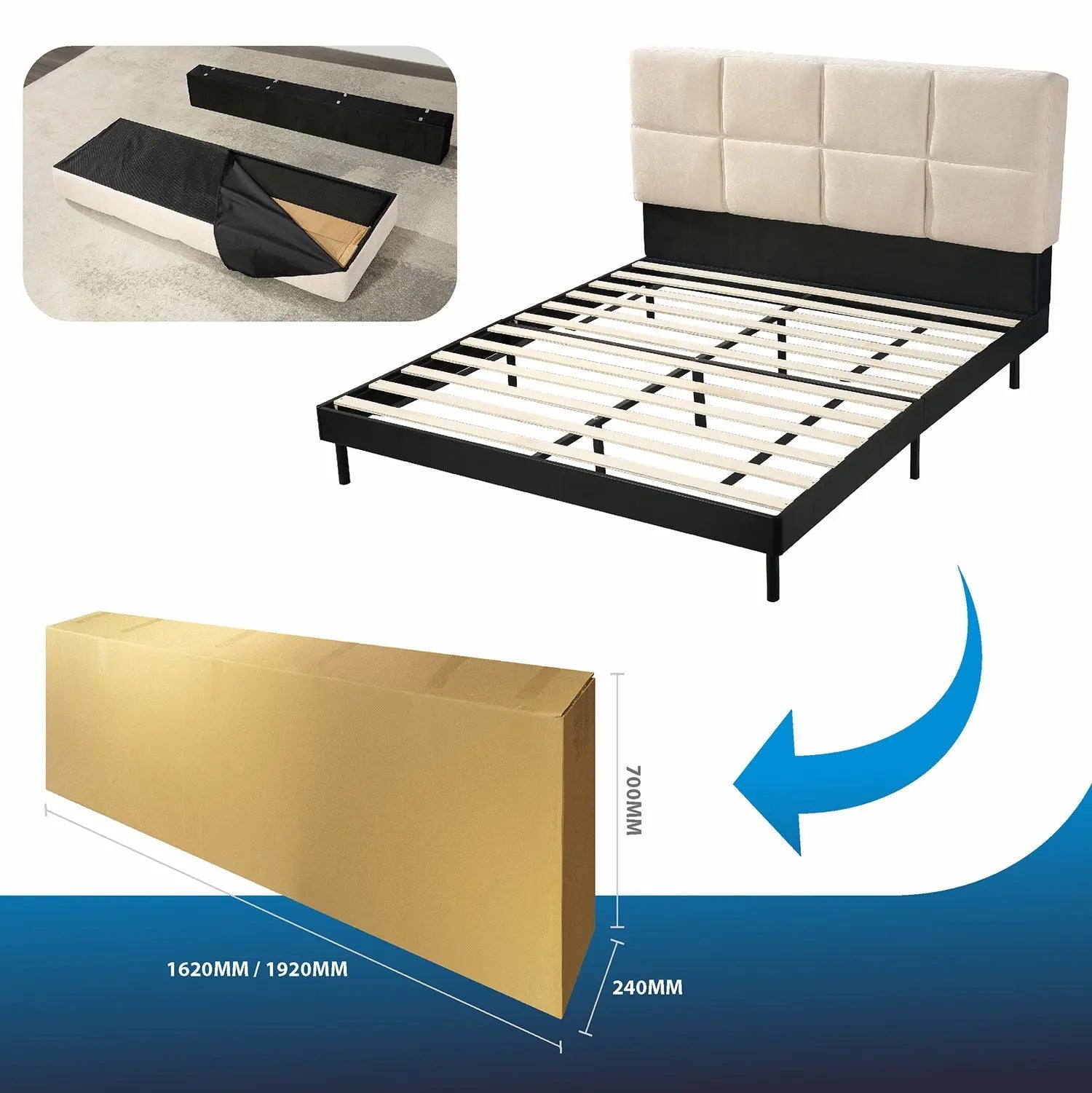 Cosy Box-Stitched Bed Frame Upholstered Headboard Wood Slats Queen/King Marsiling
