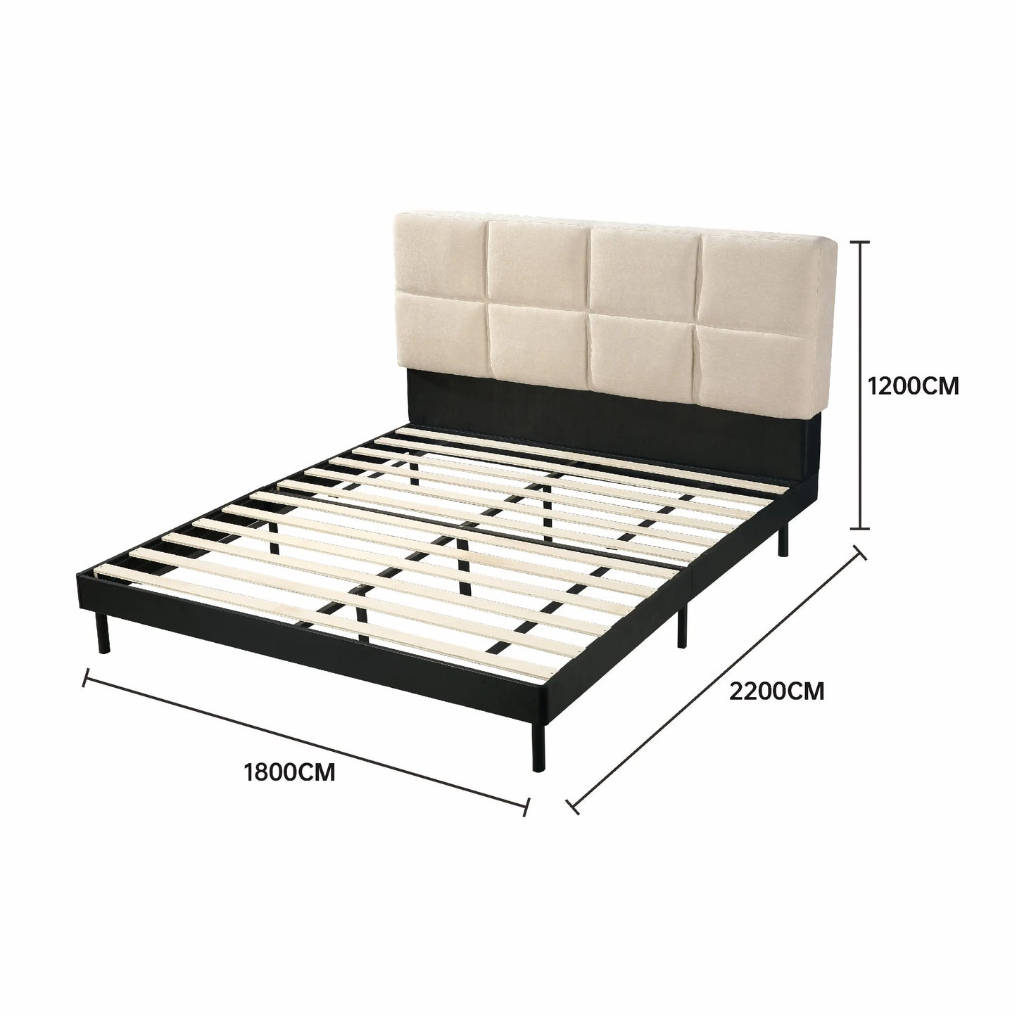 Cosy Box-Stitched Bed Frame Upholstered Headboard Wood Slats Queen/King Marsiling