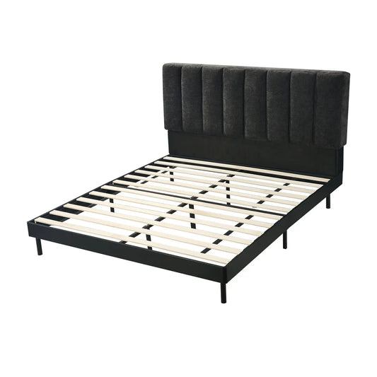 Luxury Black Upholstered Bed Frame Box-Stitched Headboard Wood Slats Marsiling