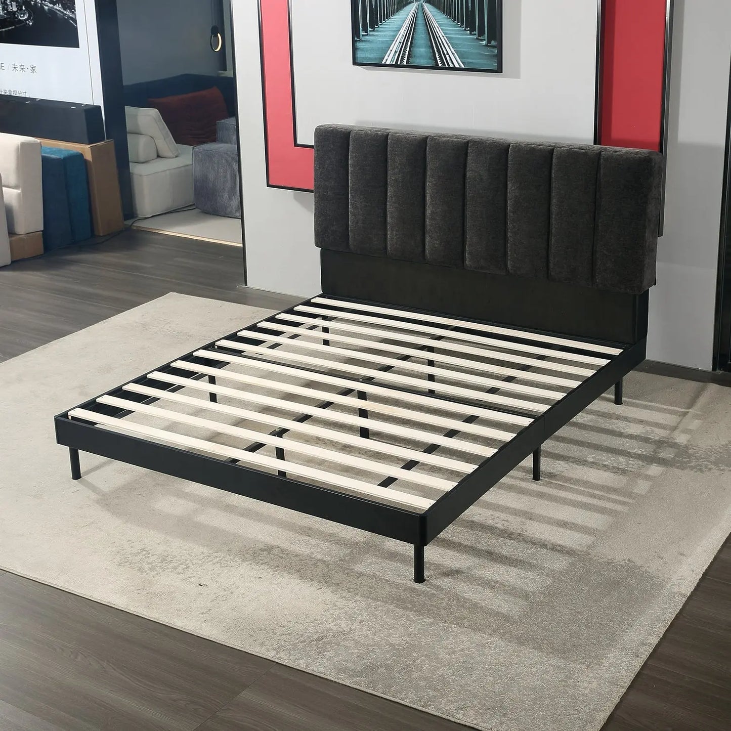 Luxury Black Upholstered Bed Frame Box-Stitched Headboard Wood Slats Marsiling