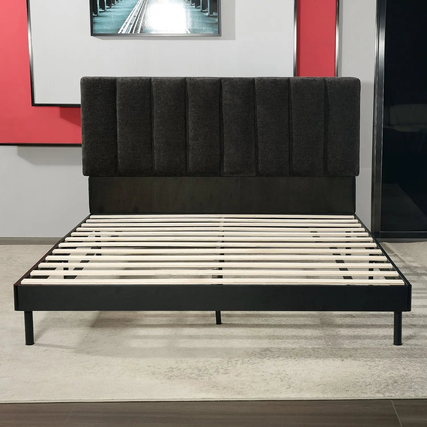 Luxury Black Upholstered Bed Frame Box-Stitched Headboard Wood Slats Marsiling