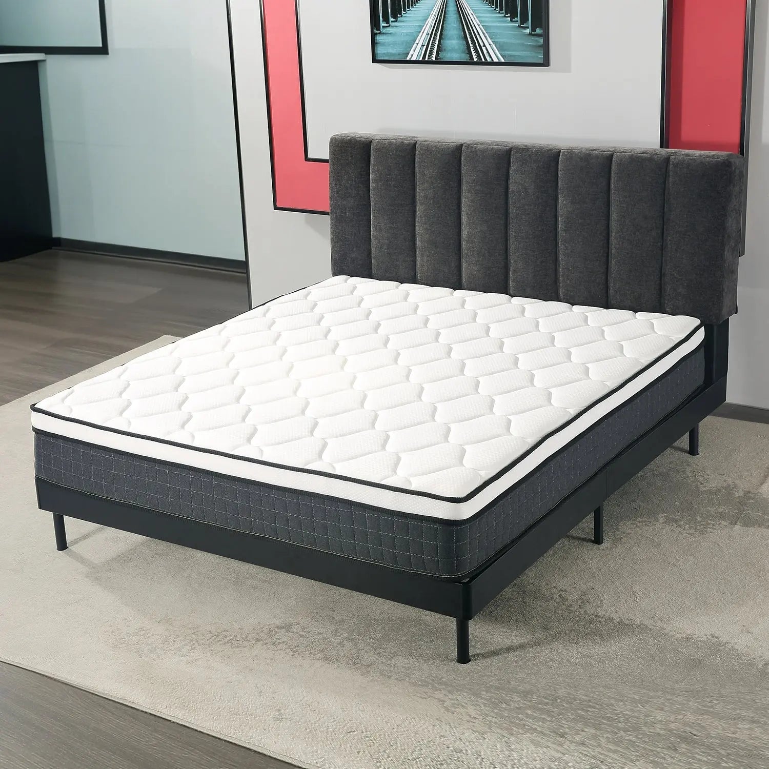 Luxury Black Upholstered Bed Frame Box-Stitched Headboard Wood Slats Marsiling