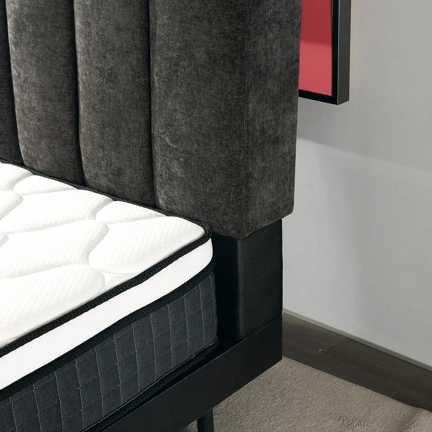 Luxury Black Upholstered Bed Frame Box-Stitched Headboard Wood Slats Marsiling