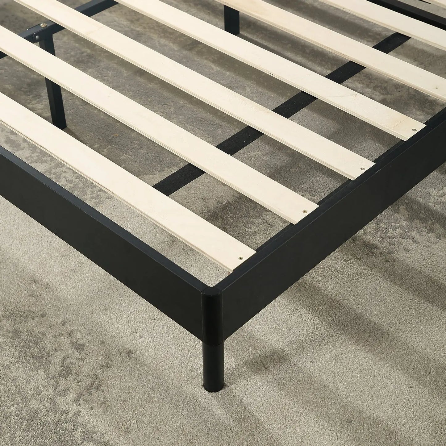 Luxury Black Upholstered Bed Frame Box-Stitched Headboard Wood Slats Marsiling