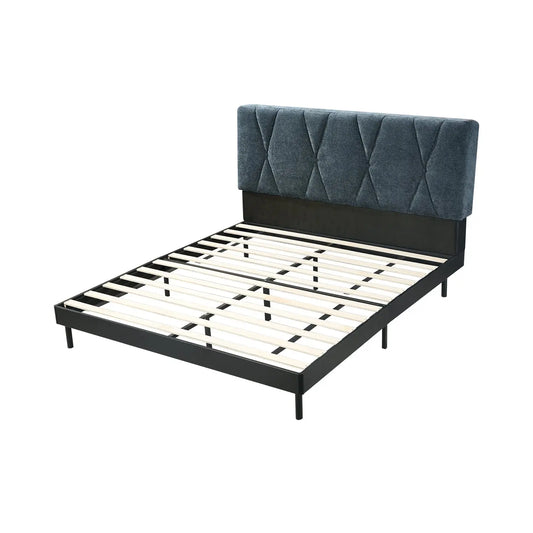 Geometric-Stitched Upholstered Bed Dark Luxe Headboard Wood Slats One Box Marsiling