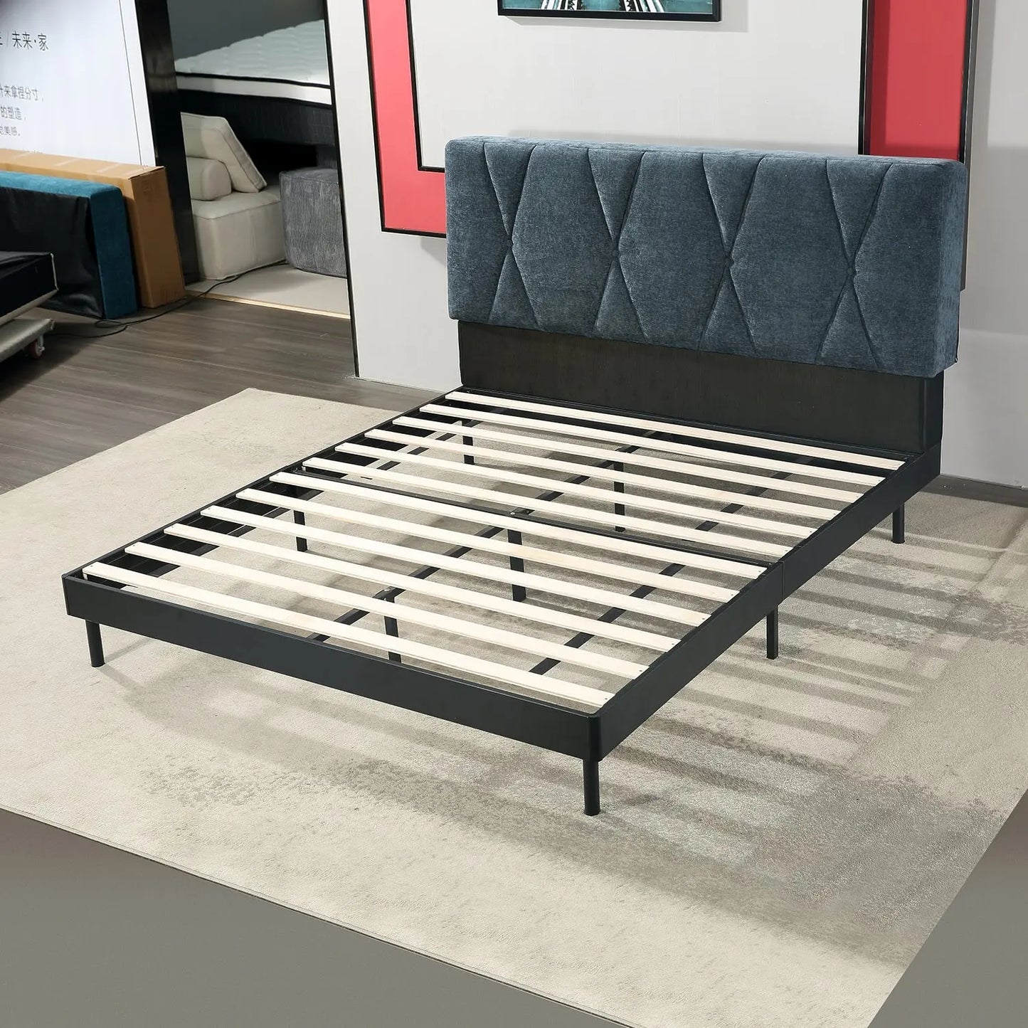 Geometric-Stitched Upholstered Bed Dark Luxe Headboard Wood Slats One Box Marsiling