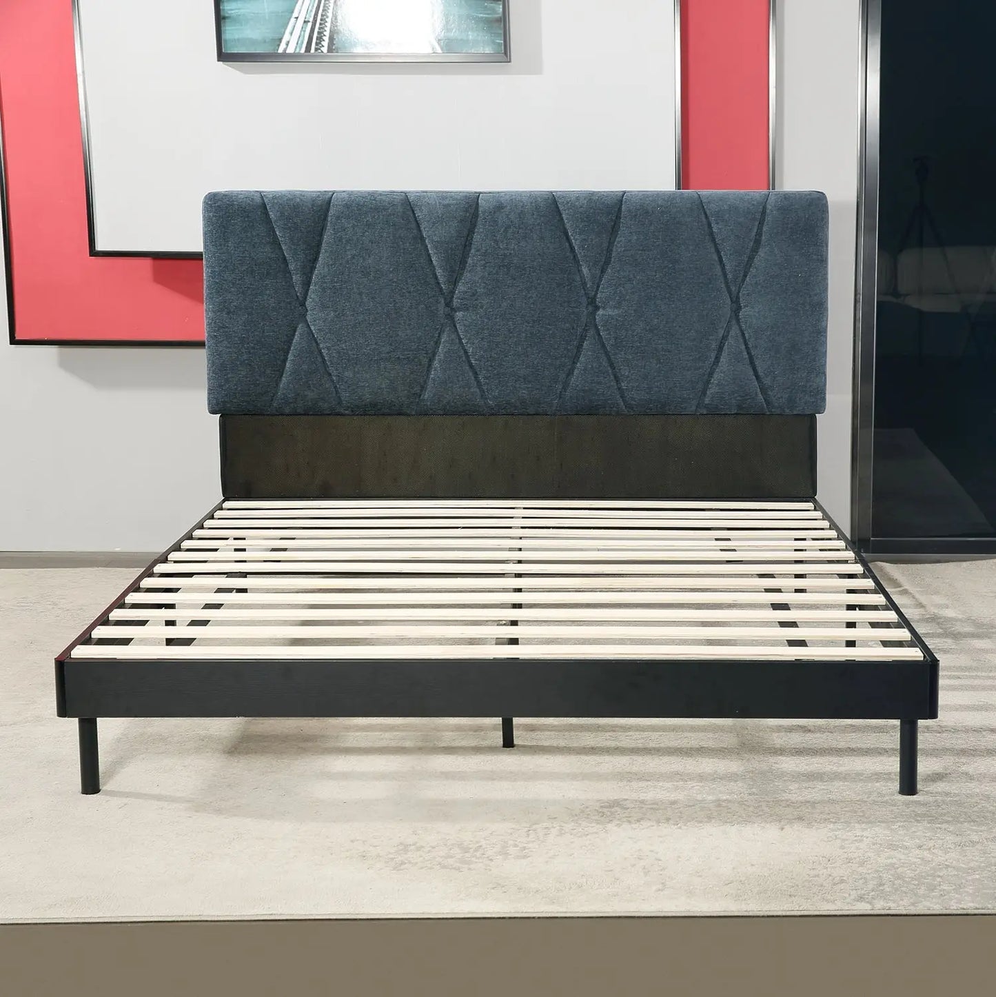 Geometric-Stitched Upholstered Bed Dark Luxe Headboard Wood Slats One Box Marsiling