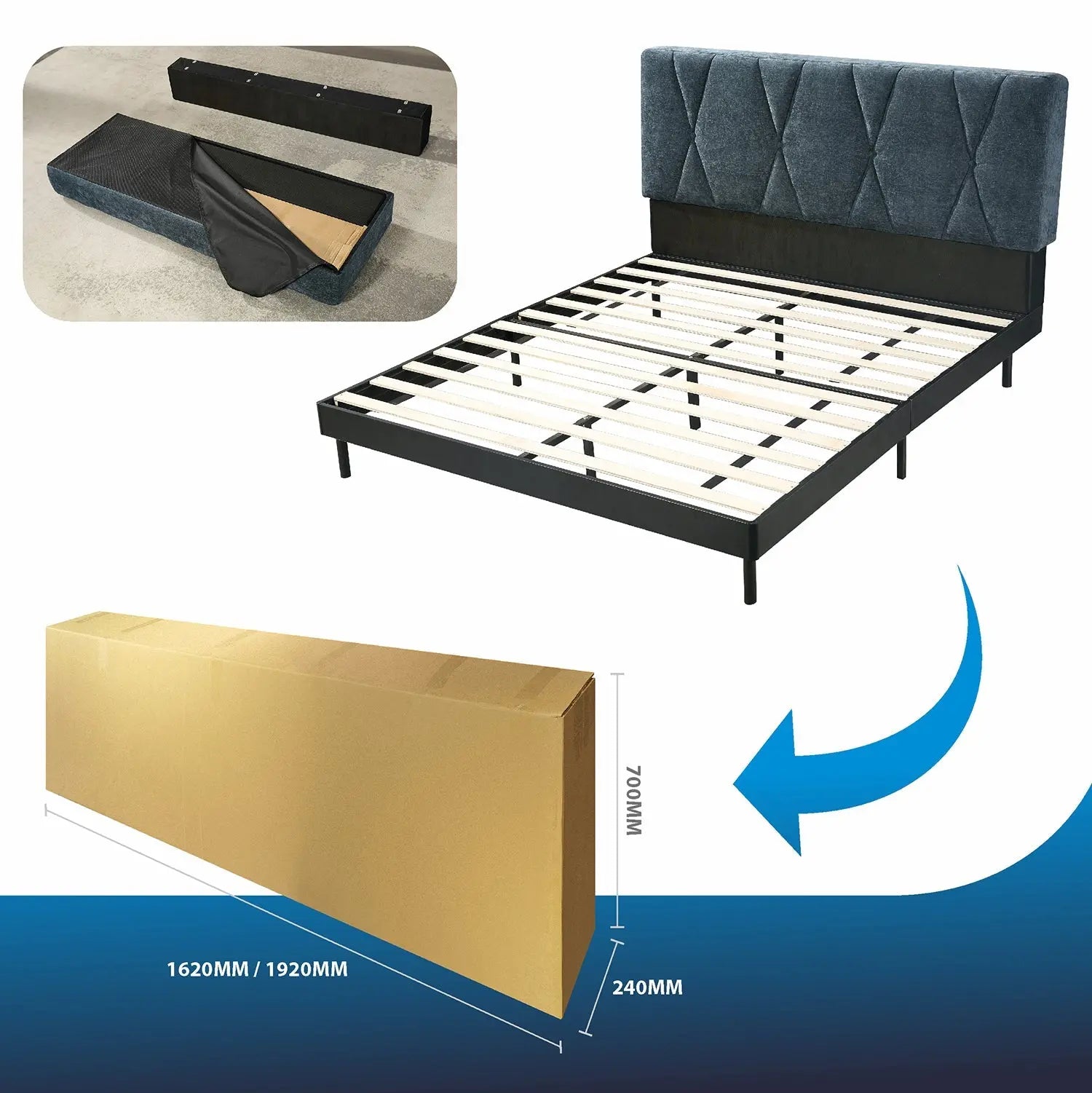 Geometric-Stitched Upholstered Bed Dark Luxe Headboard Wood Slats One Box Marsiling