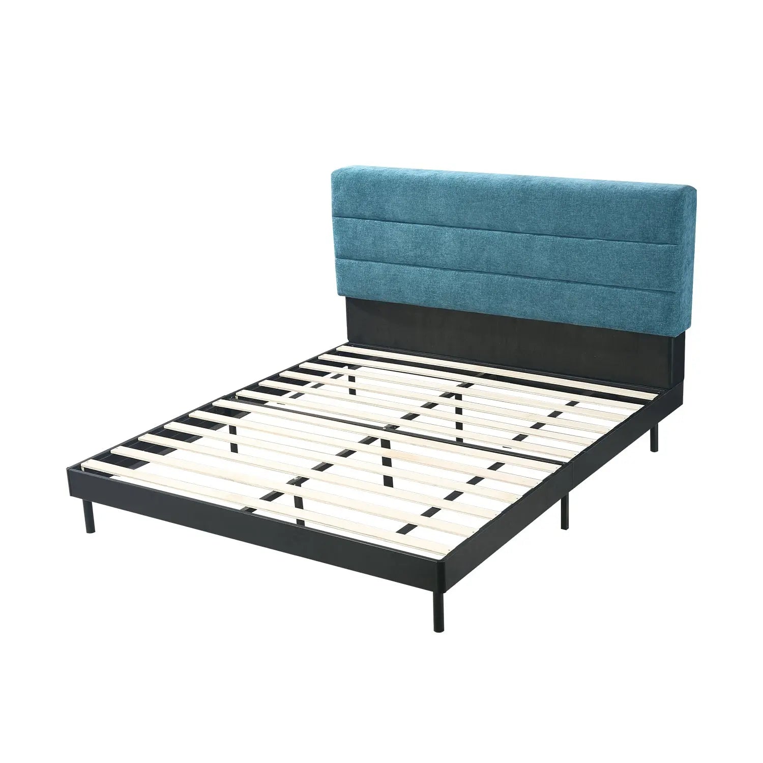 Serene Bedroom Furniture Blue Upholstered Bed 3-Panel Stitched Headboard Marsiling