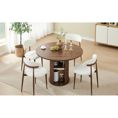 47.24" Round Dining Table (Serves 2–4) with 2 Dining Chairs Blends modern and farmhouse styles, featuring a double-tiered storage shelf, suitable for dining rooms or living spaces.Walnut
