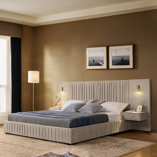 Queen Size Upholstered Bed Frame with Chenille fabric with pleated design,Grounded Queen Size Platform Bed with Headboard and Solid Frame and the bedside table.No Box Spring Needed-Beige