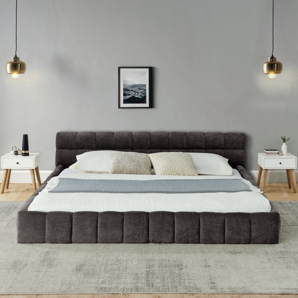 California King size Upholstered Bed Frame with Thick Fabric, Chenille Fabric Grounded Queen Size Platform Bed with Headboard and Solid Frame. No Box Spring Needed-Dark Gray(90.5''*80.5''*31'')