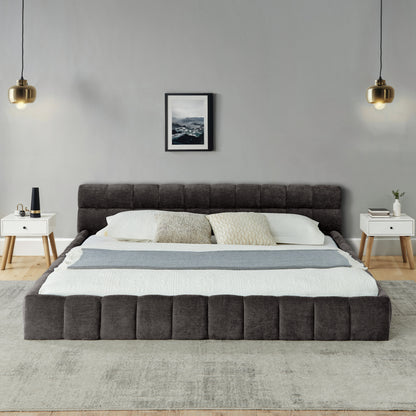 California King size Upholstered Bed Frame with Thick Fabric, Chenille Fabric Grounded Queen Size Platform Bed with Headboard and Solid Frame. No Box Spring Needed-Dark Gray(90.5''*80.5''*31'')