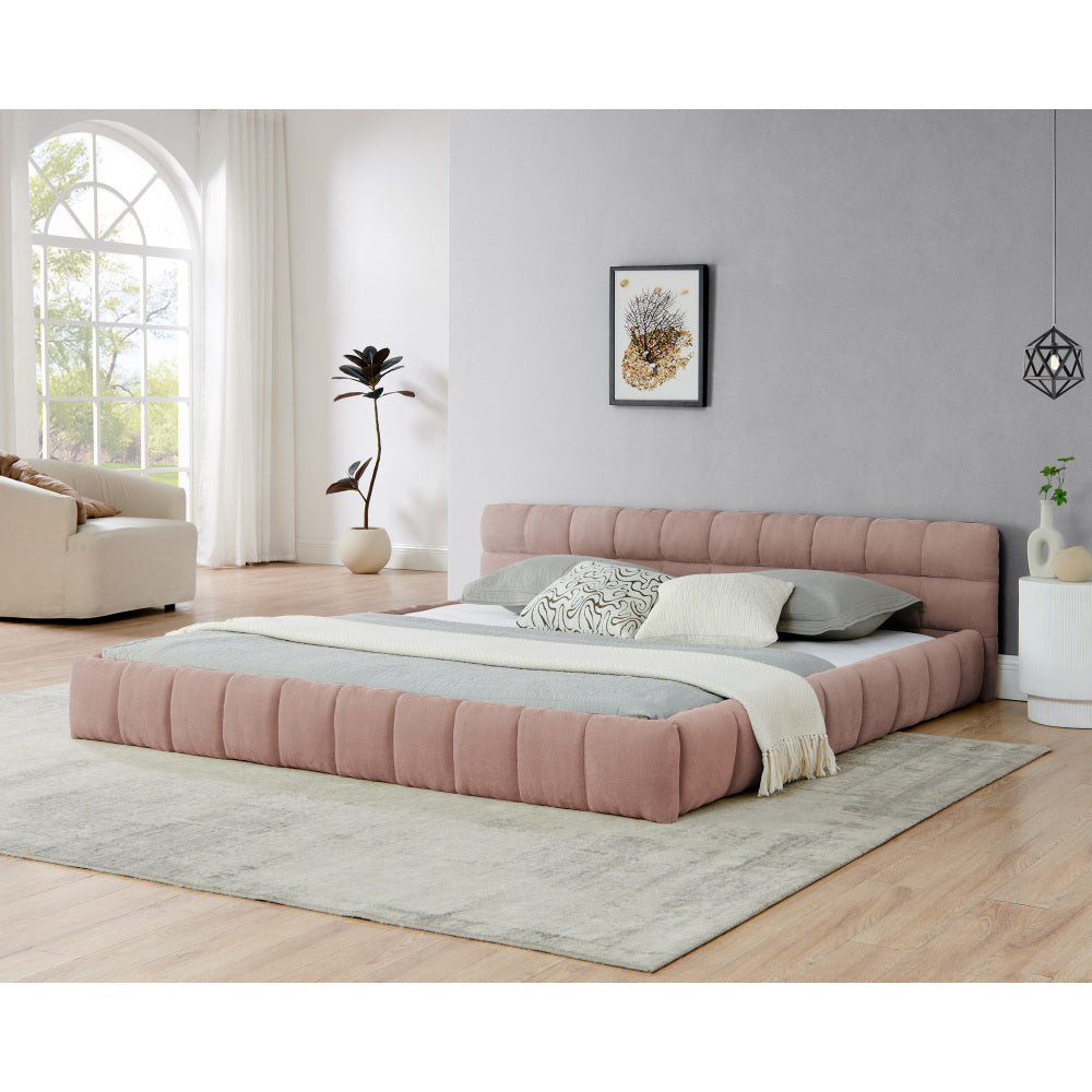 King size  Upholstered Bed Frame with Thick Fabric, Chenille Fabric Grounded Queen Size Platform Bed with Headboard and Solid Frame. No Box Spring Needed-Pink(88.5''*85.5''*24'')