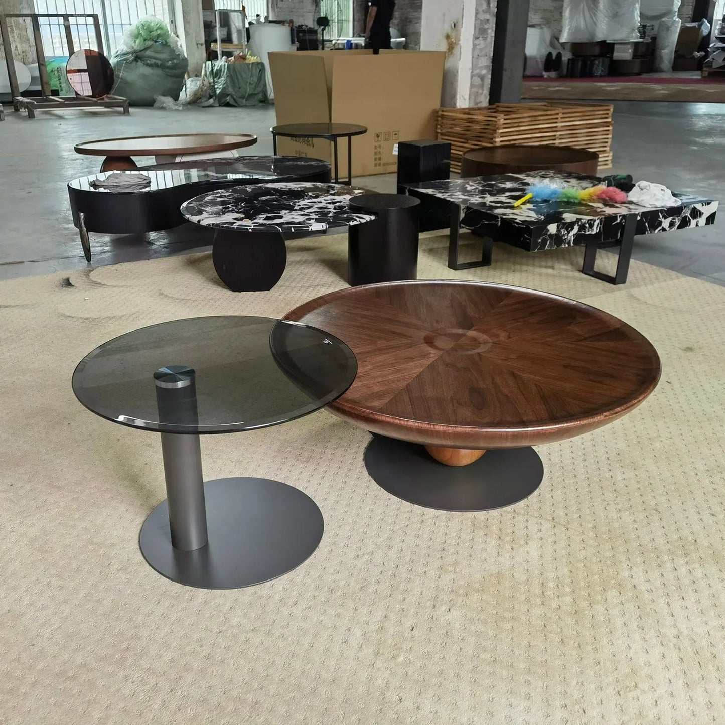 Nordic Steel Wood Top Round Veneer Tea Table Set Living Room Coffee Table Combinations Marsiling
