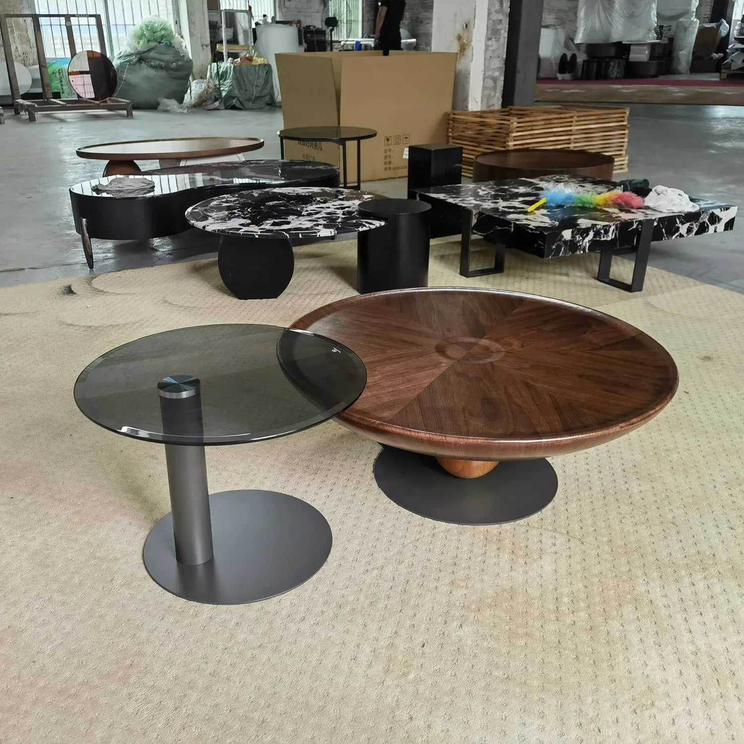 Nordic Steel Wood Top Round Veneer Tea Table Set Living Room Coffee Table Combinations Marsiling