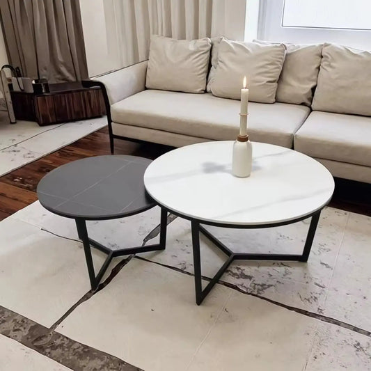 Sintered Stone Coffee Furniture Living Room Side Round Nesting Coffee Table with Black Steel Frame Marsiling