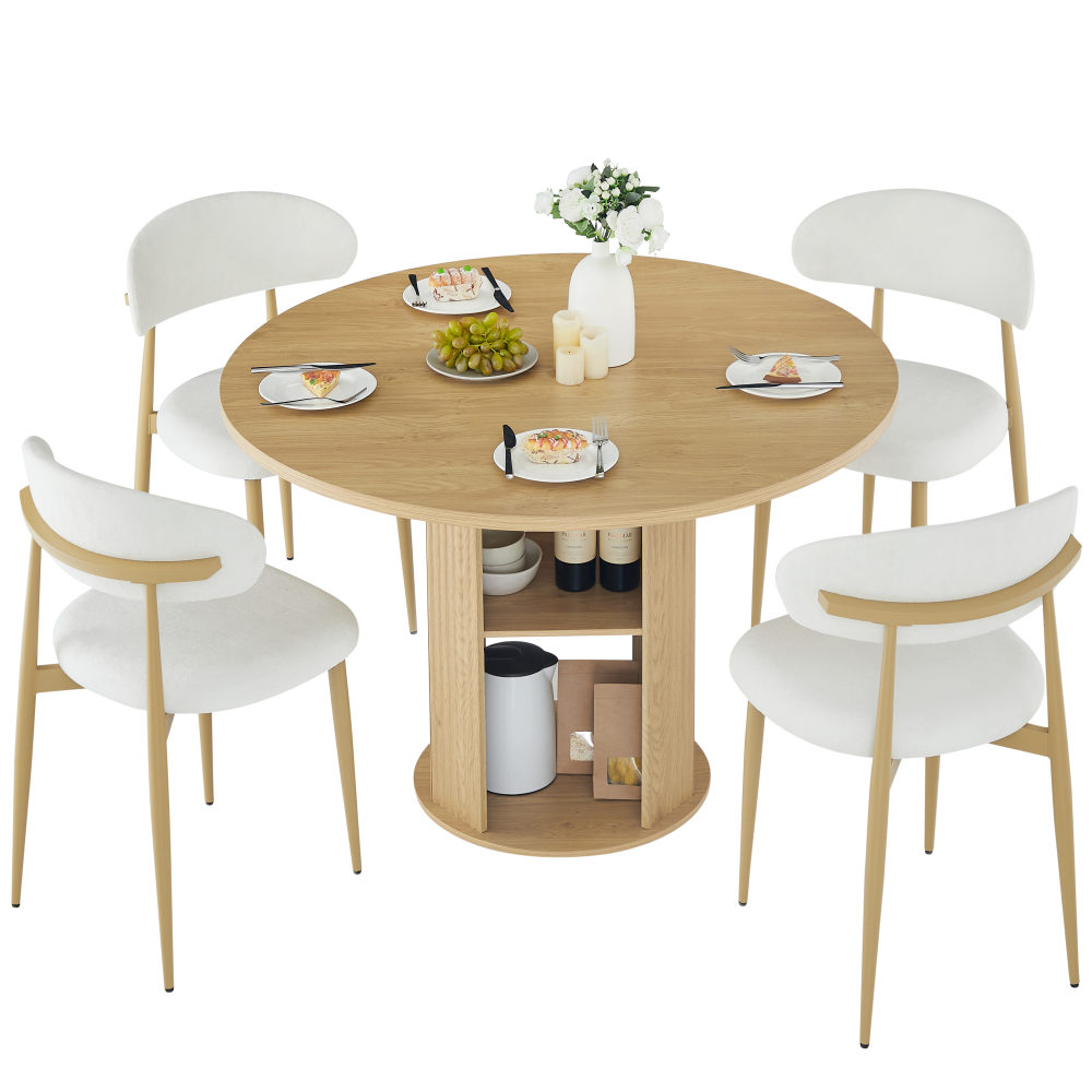 47.24" Round Dining Table (Serves 2–4) with 2 Dining Chairs Blends modern and farmhouse styles, featuring a double-tiered storage shelf, suitable for dining rooms or living spaces.Walnut