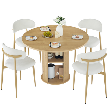 47.24" Round Dining Table (Serves 2–4) with 2 Dining Chairs Blends modern and farmhouse styles, featuring a double-tiered storage shelf, suitable for dining rooms or living spaces.Walnut