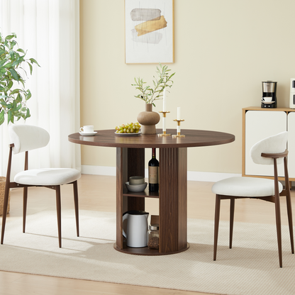 47.24" Round Dining Table (Serves 2–4) with 2 Dining Chairs Blends modern and farmhouse styles, featuring a double-tiered storage shelf, suitable for dining rooms or living spaces.Walnut