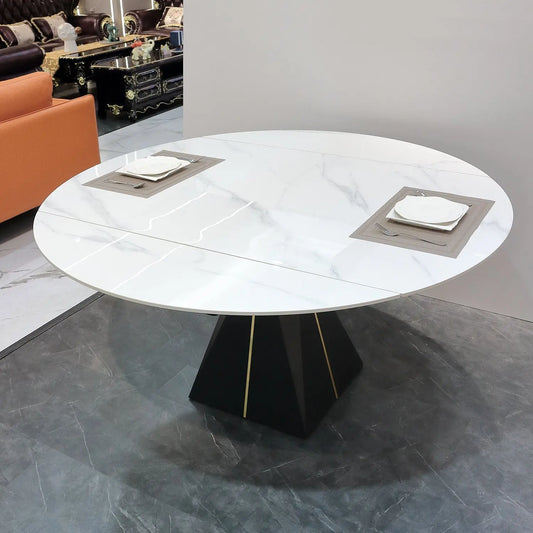 Modern White Rotatable Expandable Glossy Sintered Stone Round Dining Table Marsiling