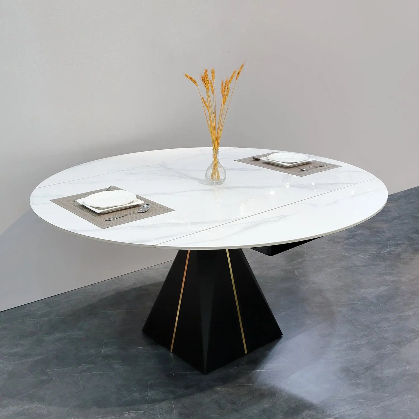 Modern White Rotatable Expandable Glossy Sintered Stone Round Dining Table Marsiling