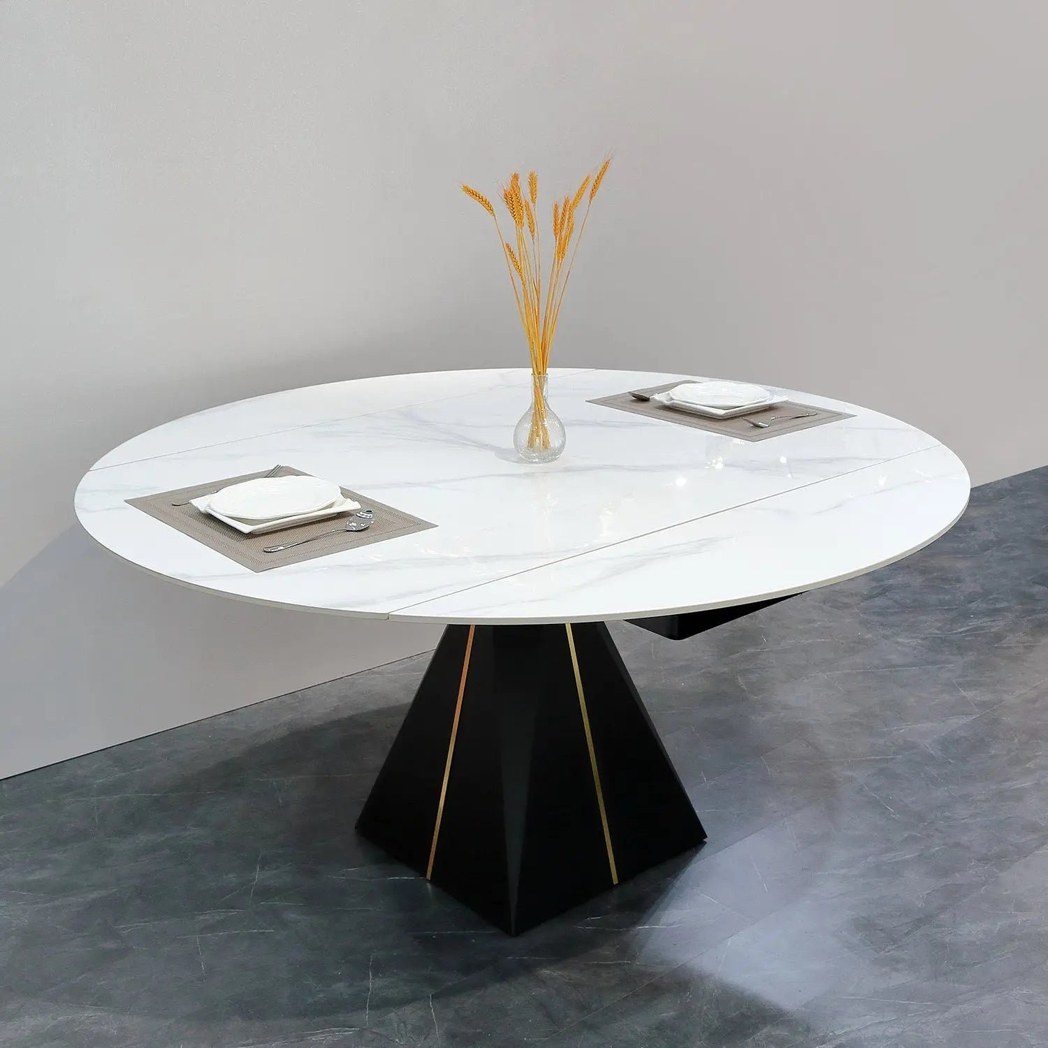 Modern White Rotatable Expandable Glossy Sintered Stone Round Dining Table Marsiling