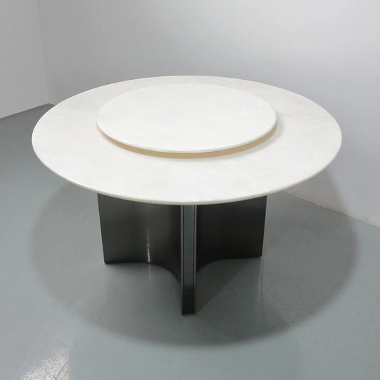 White Luxury Stone Round Dining Table with Lazy Susan Stainless Star Base Marsiling