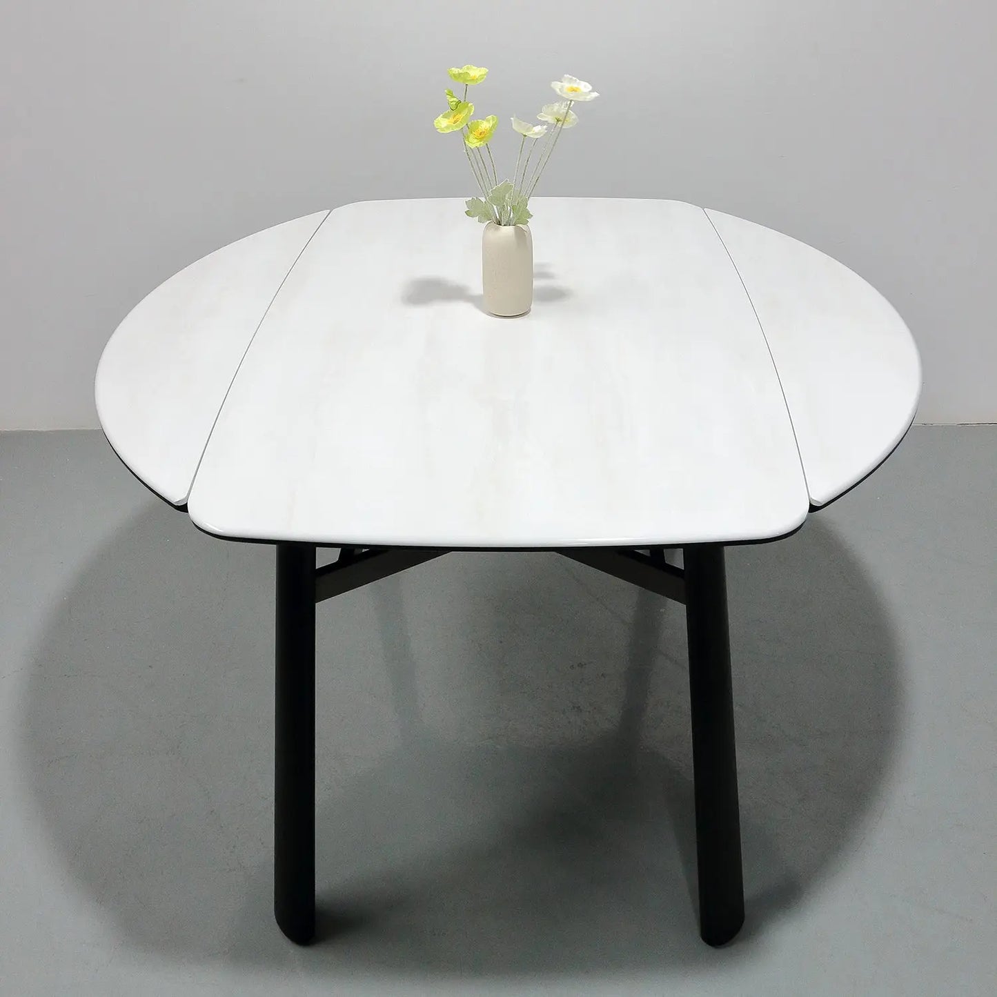 White Microlite Table - Expandable Rectangle to Round with Solid Wood Legs Marsiling