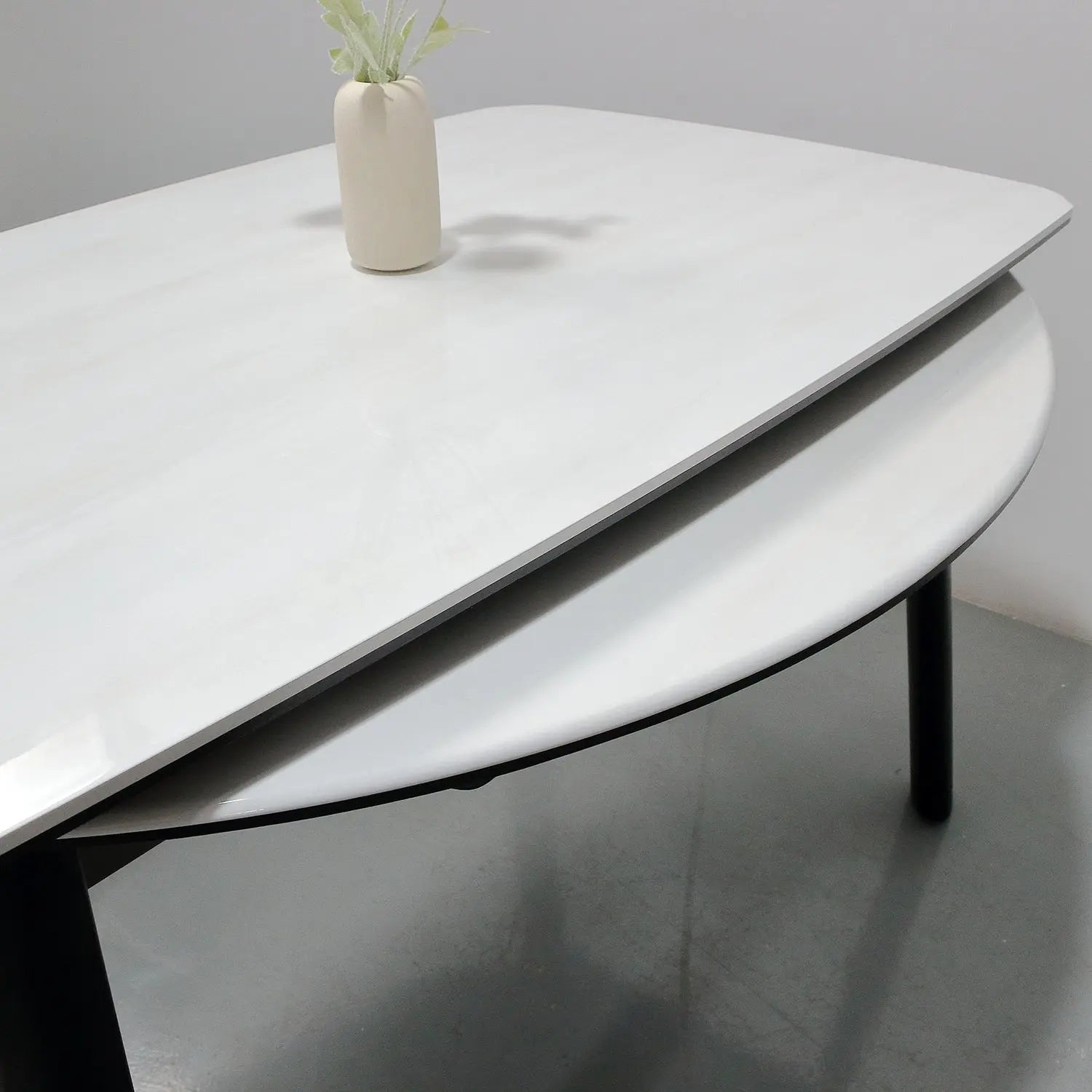White Microlite Table - Expandable Rectangle to Round with Solid Wood Legs Marsiling