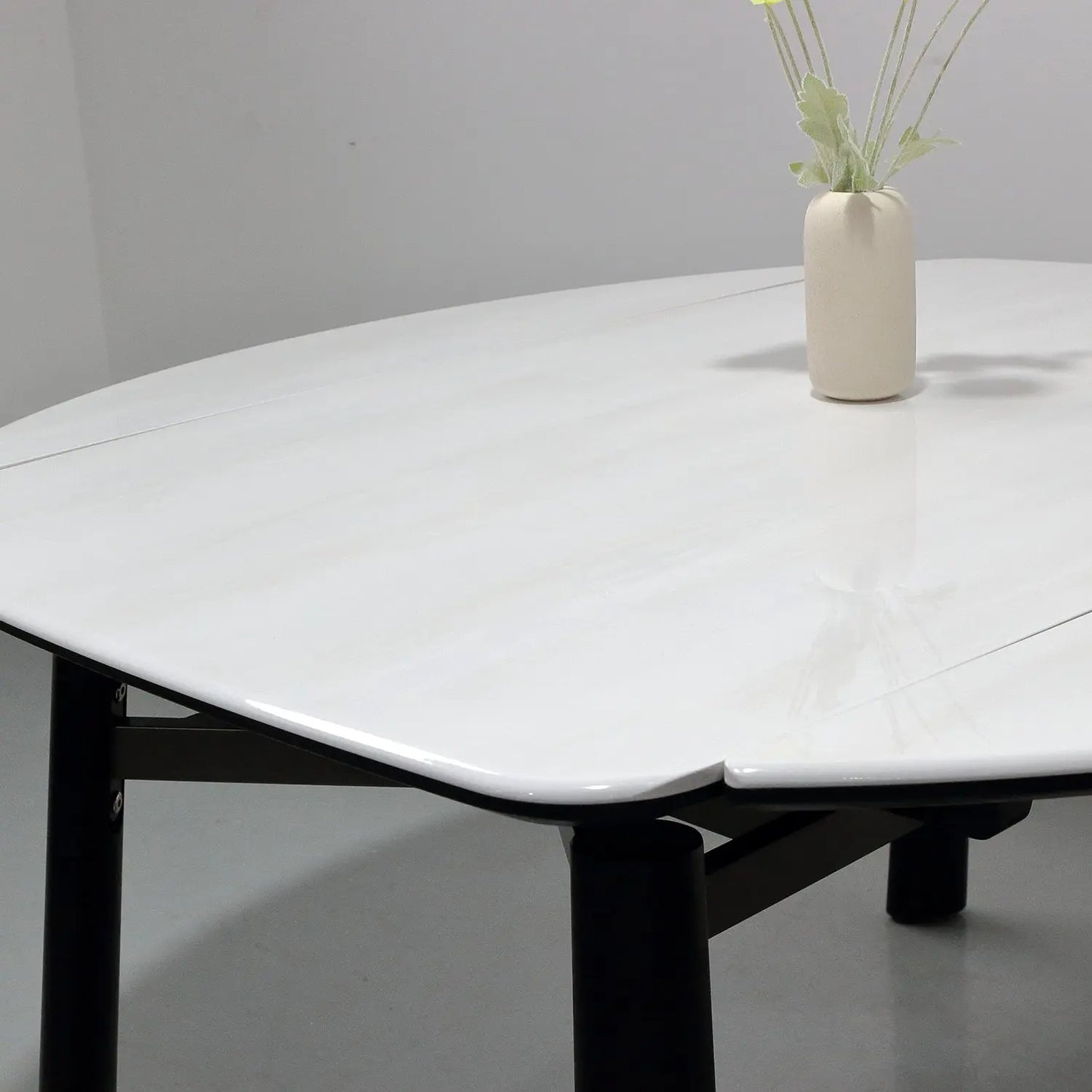 White Microlite Table - Expandable Rectangle to Round with Solid Wood Legs Marsiling