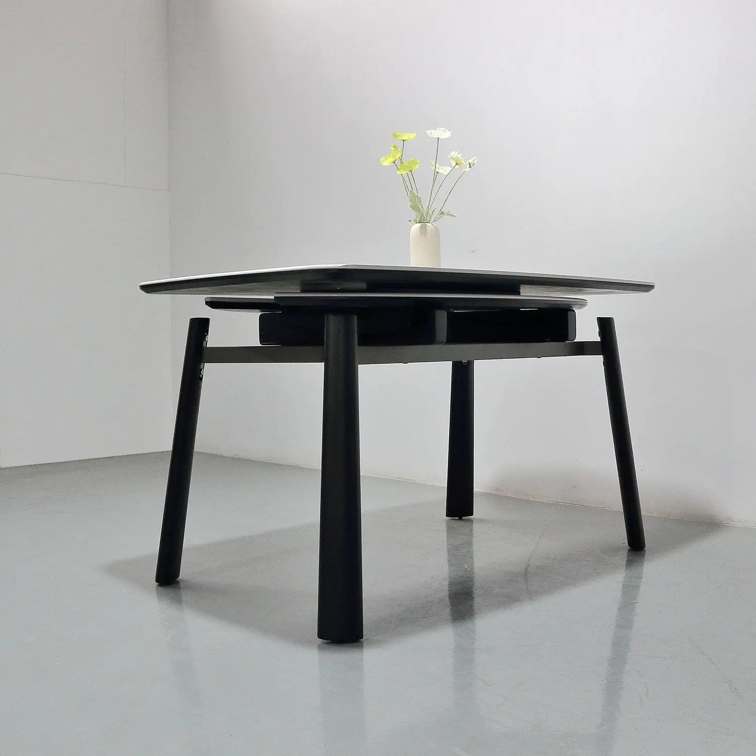 White Microlite Table - Expandable Rectangle to Round with Solid Wood Legs Marsiling