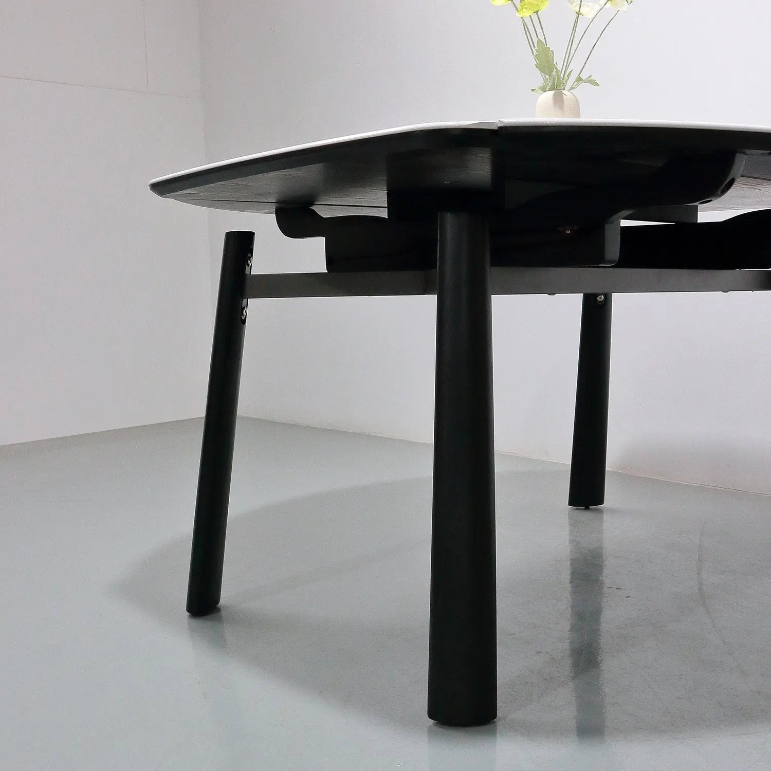White Microlite Table - Expandable Rectangle to Round with Solid Wood Legs Marsiling